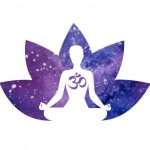 Dibujo de una persona meditando con el Om en el pecho y de fondo una flor de loto
